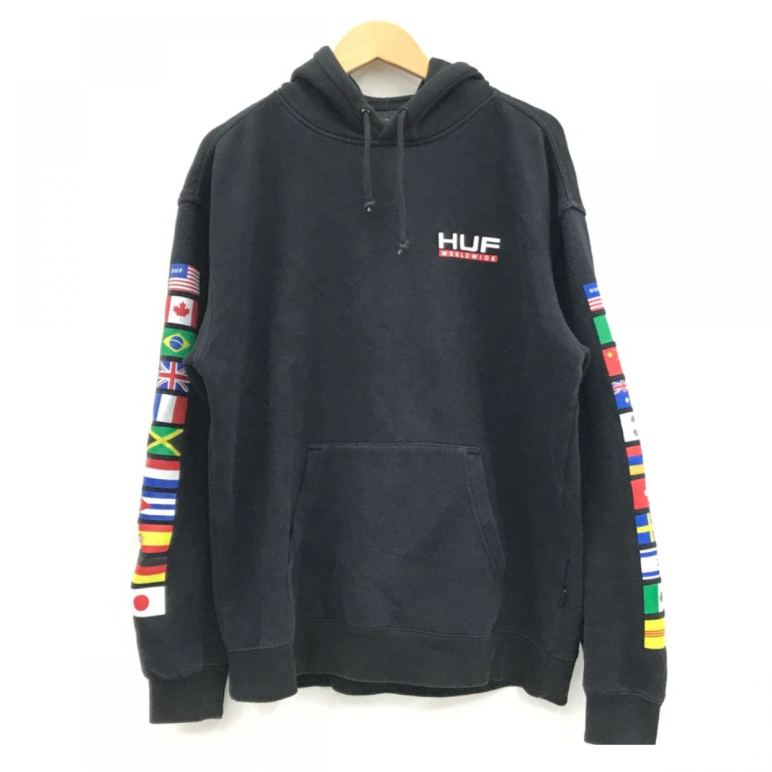 中古】 HUF FLAGS PULLOVER HOODIE 国旗 パーカー ブラック SIZE L B