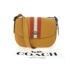 ▼▼ COACH コーチ ぺブルレザー ストライプ メイシー サドル クロスボディー ショルダーバッグ バターカップマルチ CB925 キャメル Aランク