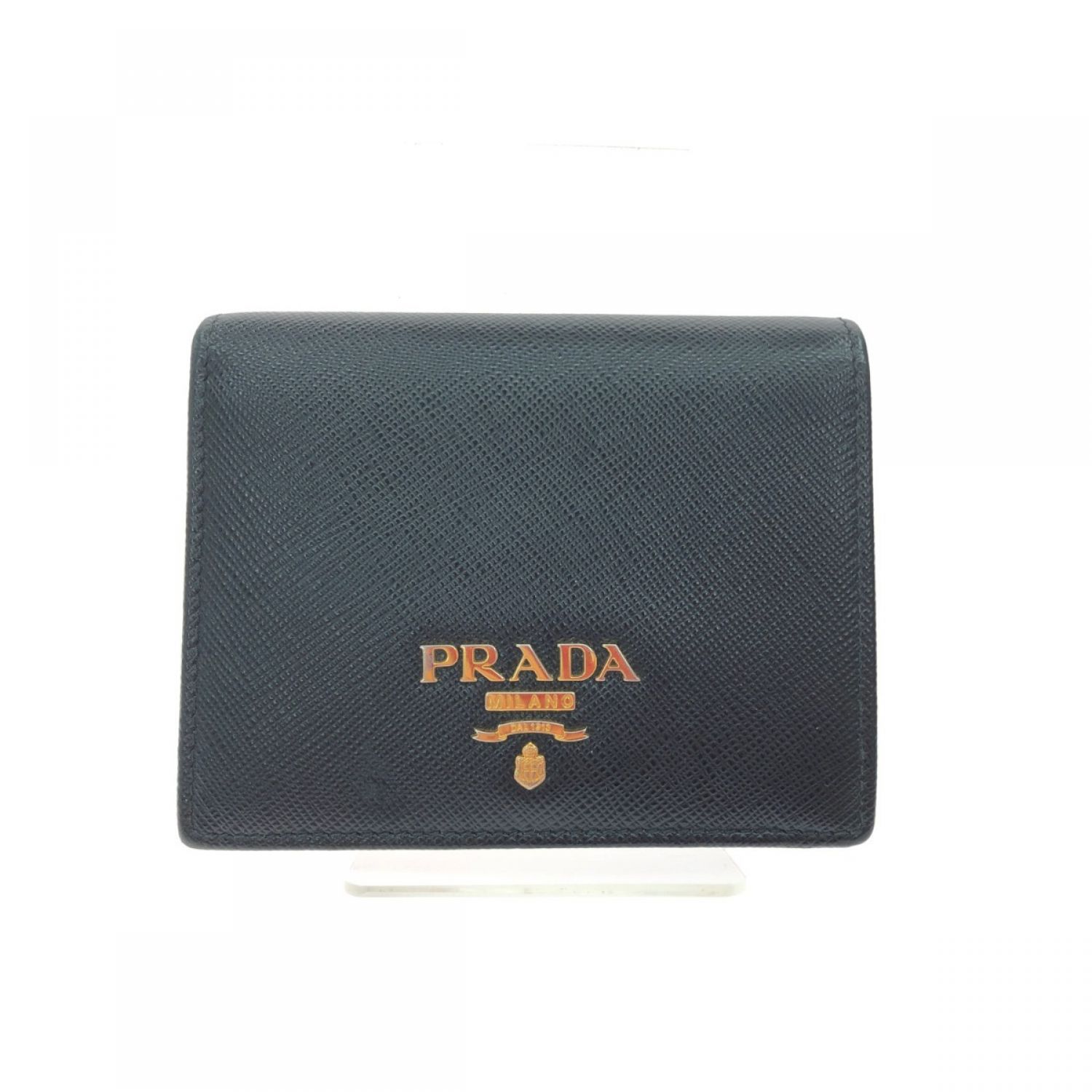 【極美品】PRADA 二つ折り財布 ロゴ サフィアーノレザー ブラックふわ古着