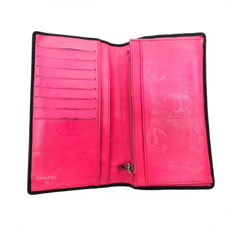  CHANEL シャネル レディース 二つ折り長財布 カンボンライン ラムスキン ブラック×ピンク