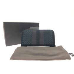 ▼▼ BOTTEGA VENETA ボッテガヴェネタ メンズ 長財布 ラウンドファスナー 刺繍 イントレチャート ブラック×ブラウン Bランク