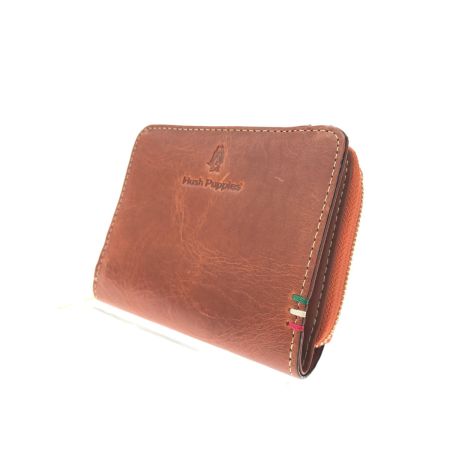  HUSH PUPPIES ハッシュパピー ユニセックス 二つ折り財布 ラウンドファスナー タンポナートレザー ブラウン