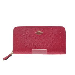 ▼▼ COACH コーチ レディース長財布 ラウンドファスナー デボスド シグネチャー パテント アコーディオン F54805 ショッキングピンク Bランク