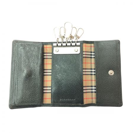  BURBERRY バーバリー ユニセックス 5連 キーケース ノバチェック 小銭入れ付 グリーンステッチ ブラック