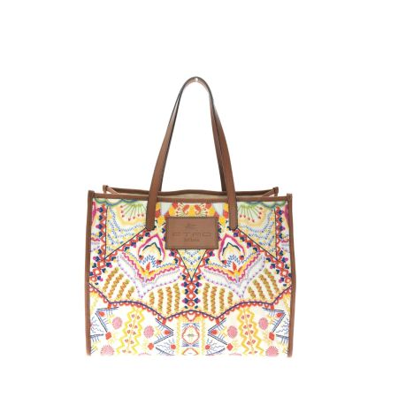  ETRO エトロ レディース トートバッグ コットンキャンバス×レザー 刺繍 22年 SS アイボリー
