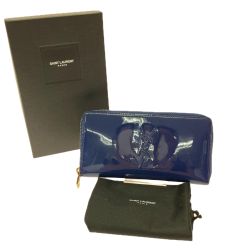 ▼▼ Yves Saint Laurent イブサンローラン レディース 長財布 ラウンドファスナー パテントレザー エナメル 314902 ネイビー Bランク