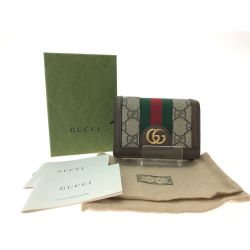 ▼▼ GUCCI グッチ レディース 二つ折り財布 コンパクトウォレット GGスプリーム オフィディア GG 523155・493075 ブラウン Bランク