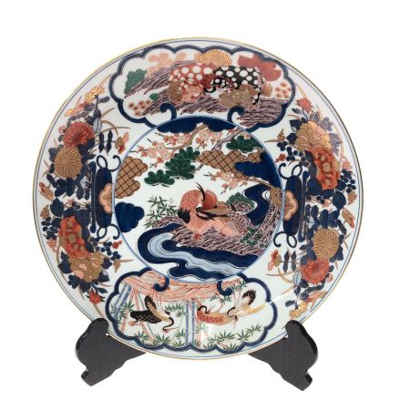   有田焼 哲山作 大皿 額皿 鴛鴦 鶴 飾皿 色絵 金彩 46cm 共箱入 