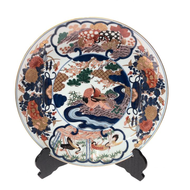 有田焼 哲山作 大皿 額皿 鴛鴦 鶴 飾皿 色絵 金彩 46cm 共箱入 - 中古