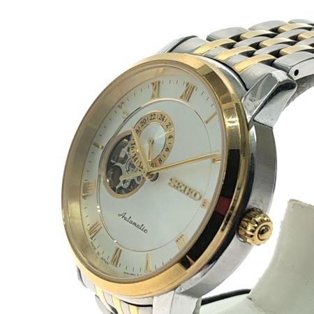  SEIKO セイコー メンズ腕時計 自動巻き プレサージュ ホワイト文字盤 裏スケルトン コンビベルト 4R39-00M0