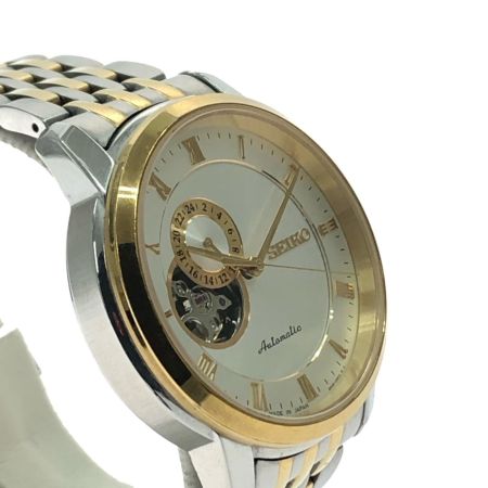  SEIKO セイコー メンズ腕時計 自動巻き プレサージュ ホワイト文字盤 裏スケルトン コンビベルト 4R39-00M0