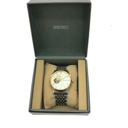  SEIKO セイコー メンズ腕時計 自動巻き プレサージュ ホワイト文字盤 裏スケルトン コンビベルト 4R39-00M0