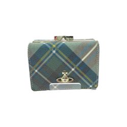 ▼▼ Vivienne Westwood ヴィヴィアン・ウエストウッド レディース 三つ折り財布 タータンチェック がま口 パスケース付  ブルー/グリーン Bランク