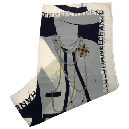  CHANEL シャネル スカーフ ホワイト×ブラック マドモアゼル ビジュー ホワイト×ブラック