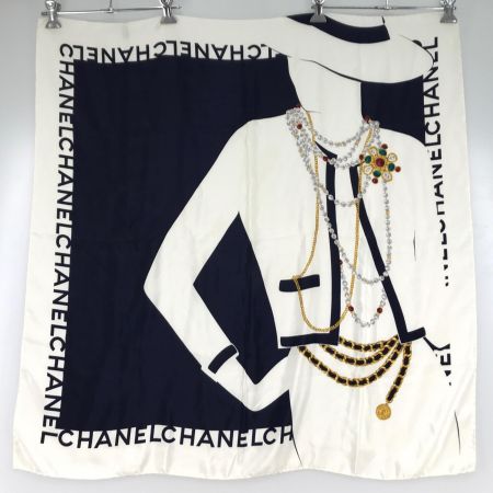  CHANEL シャネル スカーフ ホワイト×ブラック マドモアゼル ビジュー ホワイト×ブラック
