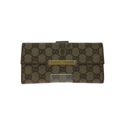 ▼▼ GUCCI グッチ レディース 二つ折り長財布 GGキャンバス Wホック ロゴプレート 総柄 112715 ベージュ Bランク