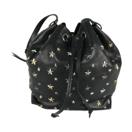 良品 JIMMY CHOO JUNO BLACK 巾着 レザー ショルダーバッグ JIMMY CHOO ジミーチュウ スタースタッズ JUNOドローストリング