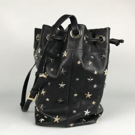 良品 JIMMY CHOO JUNO BLACK 巾着 レザー ショルダーバッグ ジミーチュウ ポシェット JUNO レザー黒 巾着ショルダーバッグ