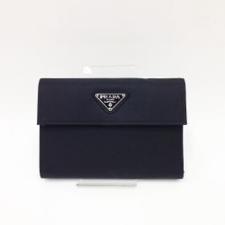 〇〇 PRADA プラダ ロゴプレート  三つ折り財布 中長財布  ブラック Cランク