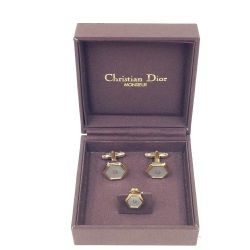 〇〇 Christian Dior クリスチャンディオール カフス・ネクタイピン 3点セット スウィヴル式 カフリンクス  ホワイト x ゴールド Bランク