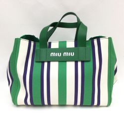 〇〇 MIUMIU ミュウミュウ BORSA A MANO ストライプ キャンバス 2WAYバッグ トートバッグ 5BA111  グリーン Aランク