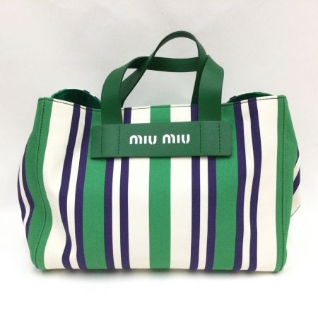  MIUMIU ミュウミュウ BORSA A MANO ストライプ キャンバス 2WAYバッグ トートバッグ 5BA111  グリーン