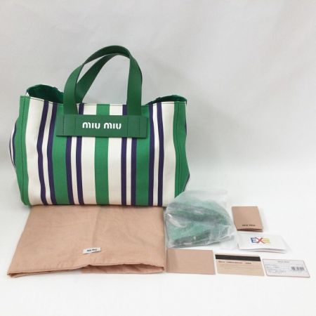  MIUMIU ミュウミュウ BORSA A MANO ストライプ キャンバス 2WAYバッグ トートバッグ 5BA111  グリーン