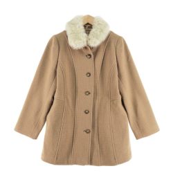 〇〇 里麻 レディース コート サイズ11R 衿ファー付き ベージュ Bランク