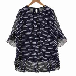 〇〇 Leilian レリアン レディース シフォンチュニック サークルストライプ柄 サイズ9 ネイビー Bランク