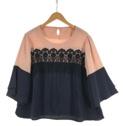 〇〇 Leilian レリアン レディース カットソー 前レース サイズ13+ ライトピンク×ネイビー Bランク