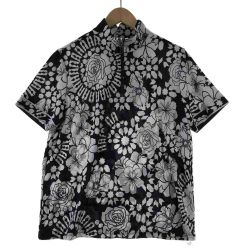 〇〇 LEONARD レオナール レディース カットソー 半袖カットソー ホワイト花柄 ジップアップ サイズ42  ブラック Cランク