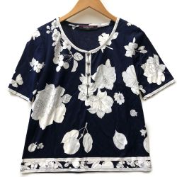 〇〇 LEONARD レオナール レディース カットソー 半袖カットソー ホワイト花柄  サイズL ネイビー Bランク