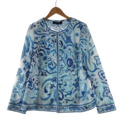 〇〇 LEONARD レオナール レディース　ノーカラージャケット　スカイブルー　波柄　42　 ホワイト x ホワイト Aランク