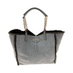 〇〇 Salvatore Ferragamo サルヴァトーレフェラガモ ムートン トートバッグ AU-21/B936 グレー x ブラウン Bランク