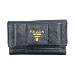 〇〇 PRADA プラダ 6連キーケース リボンモチーフ サフィアーノ・フィオッコ  ネイビー Bランク