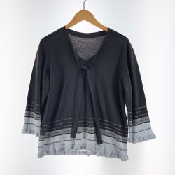 〇〇 Leilian レリアン レディース Vネックニット サイズ13+ チャコールグレー リボン付き 裾袖グレーフリル Bランク