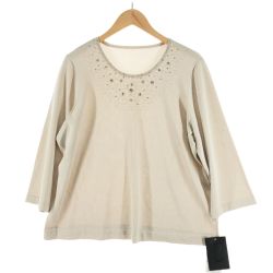 〇〇 Leilian レリアン レディース カットソー 7分袖カットソー ラメ ビジュー付 サイズ15+ ベージュ Sランク