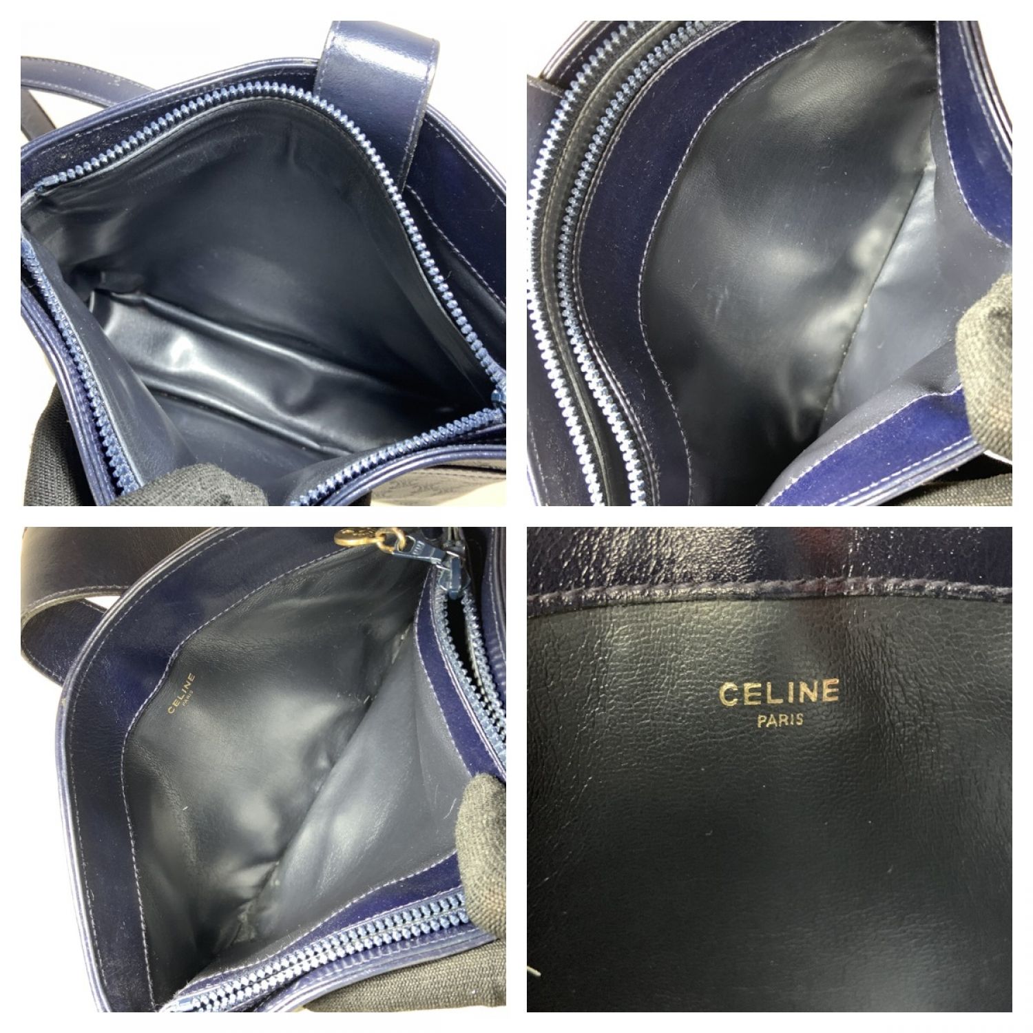 中古】 CELINE セリーヌ マカダム柄 ショルダーバッグ ネイビー C