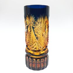 〇〇  黒木国昭作 銘花器 綾切子 花器 花瓶 ブルー Bランク