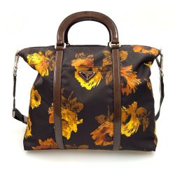 〇〇 PRADA プラダ 花柄 2way ナイロン バッグ  BN1057 ブラウン x ブラック Bランク