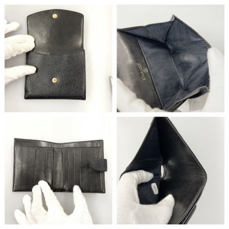  CHANEL シャネル キャビアスキン Wホック 二つ折り財布 ブラック