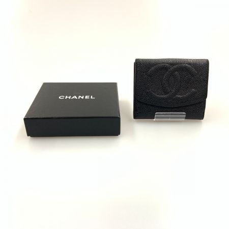  CHANEL シャネル キャビアスキン Wホック 二つ折り財布 ブラック