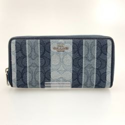 〇〇 COACH コーチ デニム シグネチャー ジャカード ラウンドファスナー 長財布 C8313 ブルー Bランク