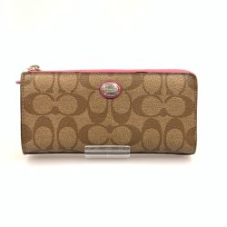 〇〇 COACH コーチ ペイトン シグネチャー アコーディオンジップ ラウンドファスナー 長財布 F49163 ベージュ x ブラウン Cランク