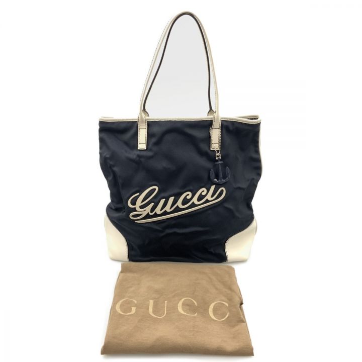 GUCCI グッチ ハンド マリン チャーム ナイロン レザー トート バッグ 170008 213048 ネイビー x  ホワイト｜中古｜なんでもリサイクルビッグバン