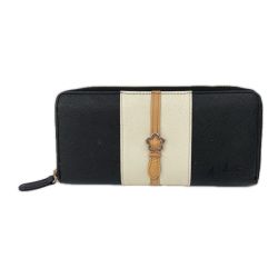 MARY QUANT マリークワント ラウンドファスナー長財布 バイカラー ベルト風デザイン ブラック×ホワイト Bランク