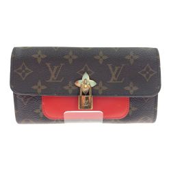〇〇 LOUIS VUITTON ルイヴィトン モノグラム ポルトフォイユ フラワー 二つ折り短財布 M62566 ブラウン×レッド Bランク