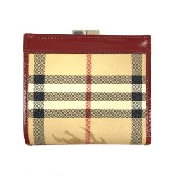 〇〇 BURBERRY LONDON バーバリーロンドン ノバチェック がま口 2つ折り財布 レッド x ベージュ 現状渡し Cランク