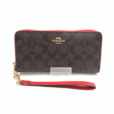  COACH コーチ ロング ジップ アラウンド ウォレット シグネチャー キャンバス 長財布 C4452 ブラウン×レッド x レッド