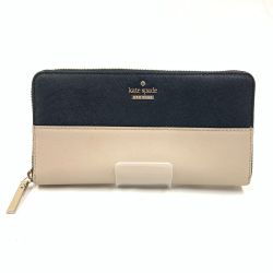 〇〇 Kate Spade ケイトスペード ラウンドファスナー 長財布  ブラック x ベージュ Bランク